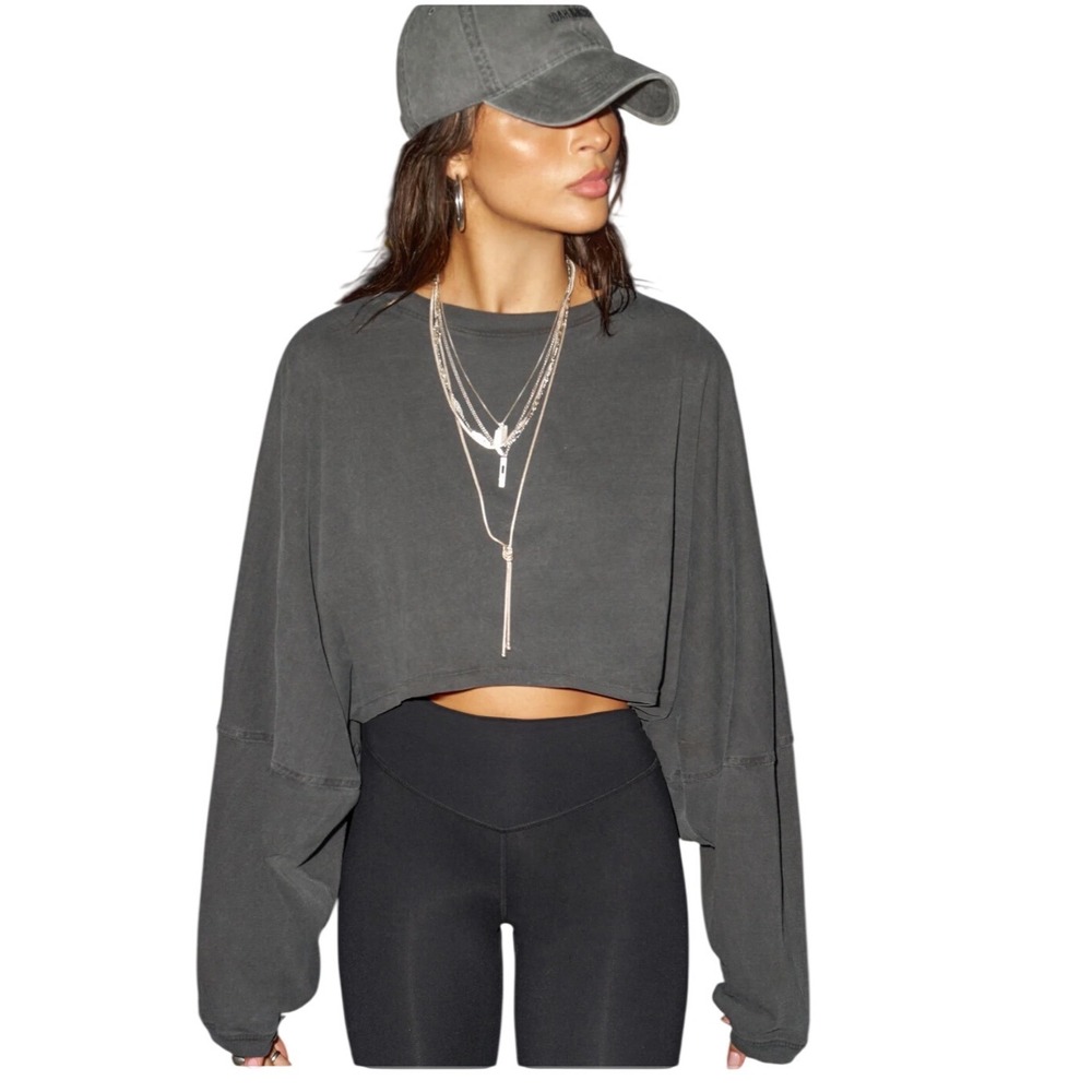 Joah Brown Slouchy Crop Long Sleeve Washed Black S/M Oversized Cotton Top
